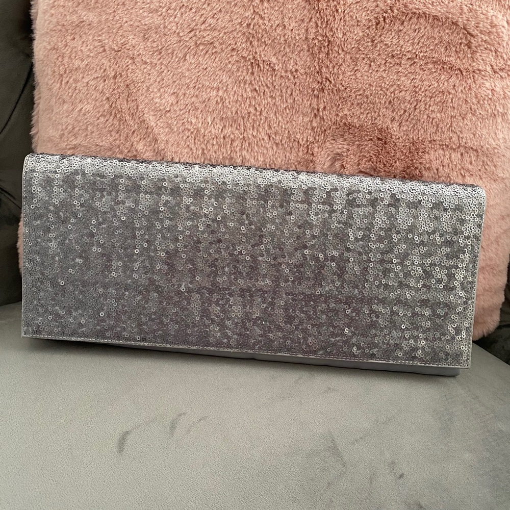 Silver satin clutch